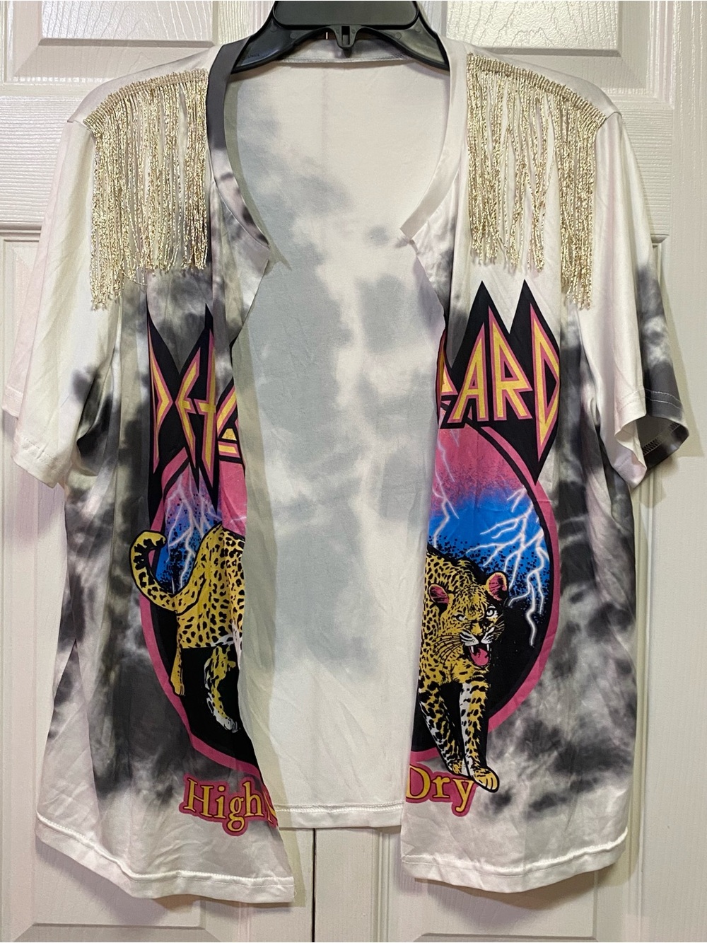 Tie-Dye Graphic Fringe Jacket - White, Black, Pink, Blue (Sz XL)